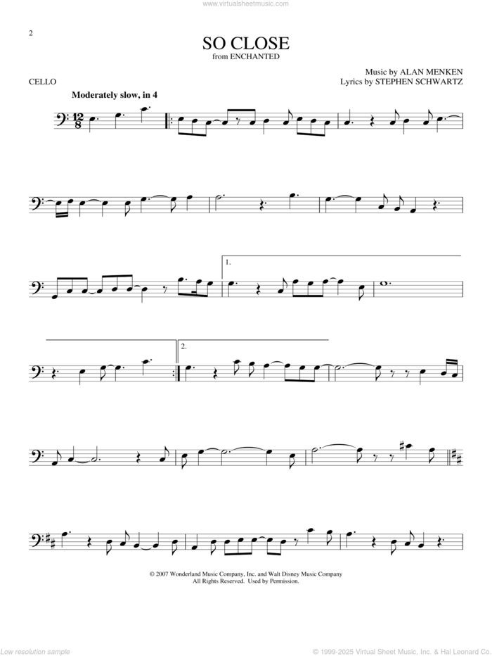 So Close (from Enchanted) sheet music for cello solo by Alan Menken, John McLaughlin and Stephen Schwartz, intermediate skill level