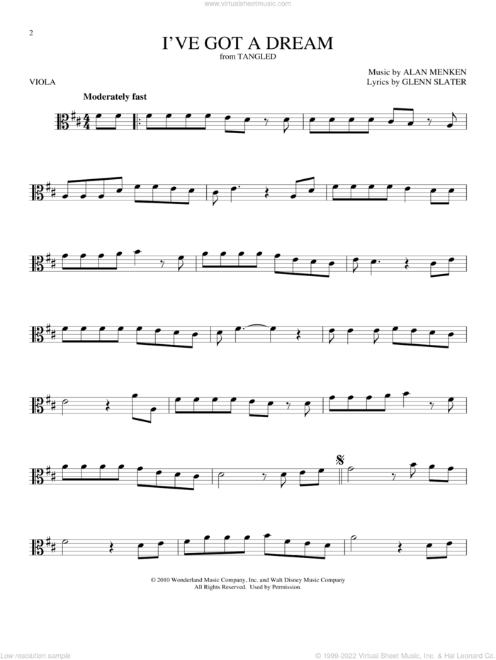I've Got A Dream (from Tangled) sheet music for viola solo by Glenn Slater and Alan Menken, intermediate skill level
