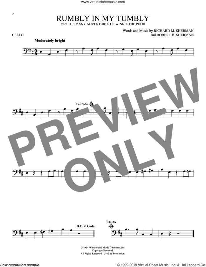 Rumbly In My Tumbly (from The Many Adventures Of Winnie The Pooh) sheet music for cello solo by Sherman Brothers, Richard M. Sherman and Robert B. Sherman, intermediate skill level