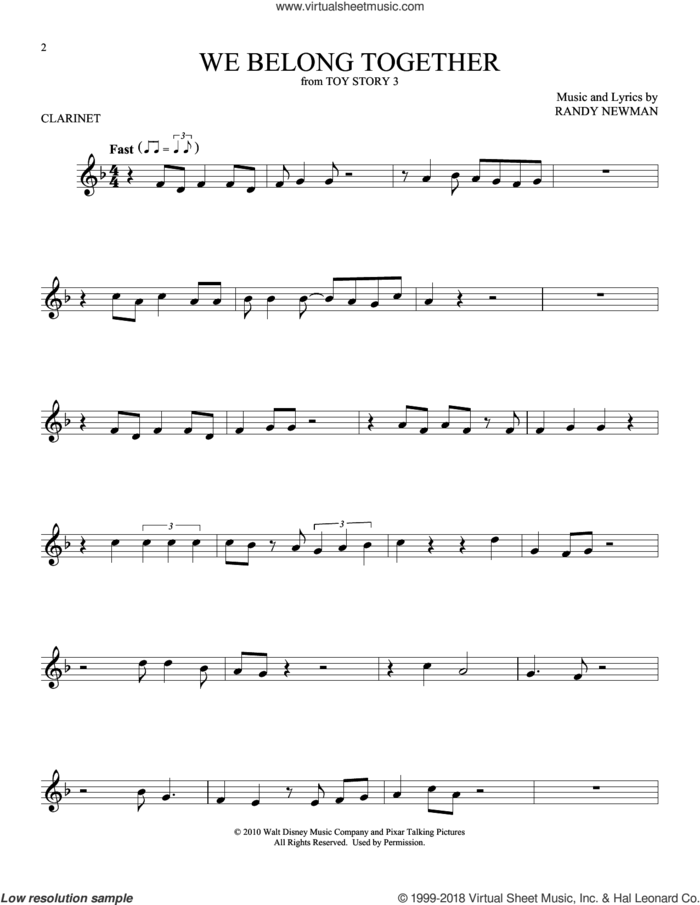 We Belong Together (from Toy Story 3) sheet music for clarinet solo by Randy Newman, intermediate skill level