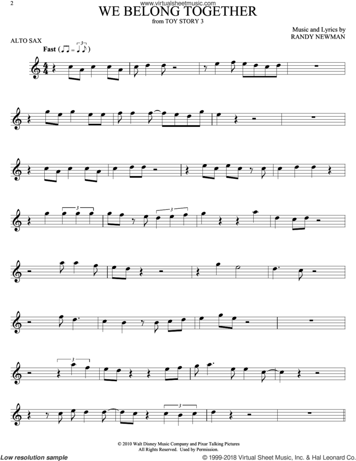 We Belong Together (from Toy Story 3) sheet music for alto saxophone solo by Randy Newman, intermediate skill level