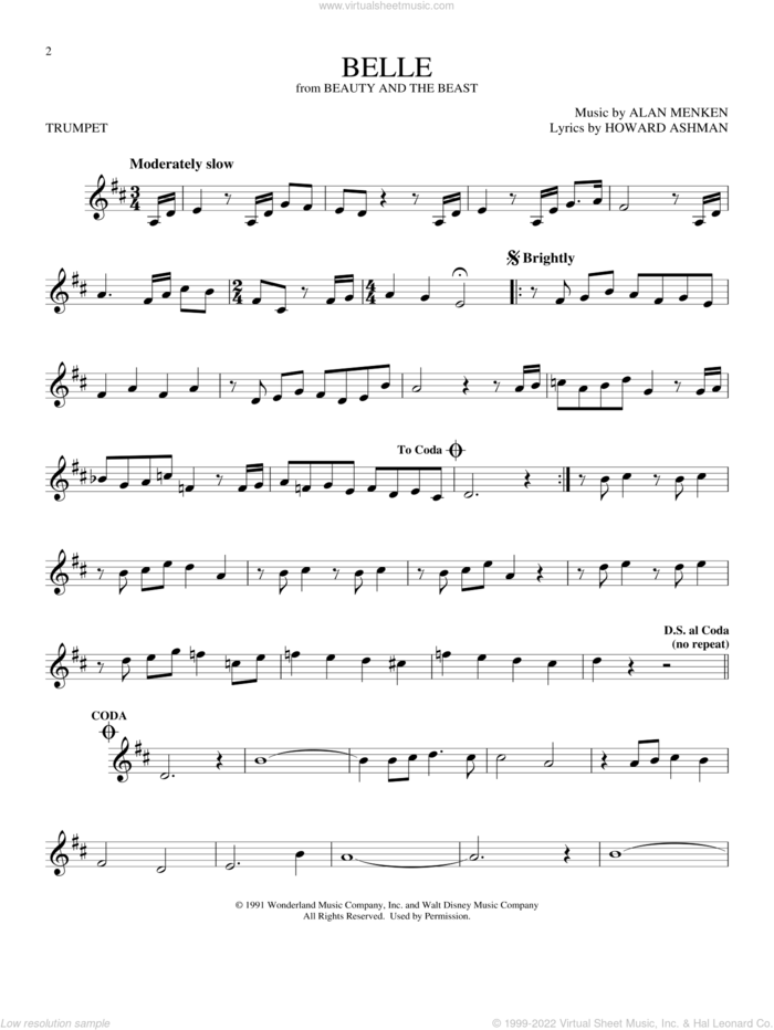 Belle (from Beauty And The Beast) sheet music for trumpet solo by Alan Menken and Howard Ashman, intermediate skill level