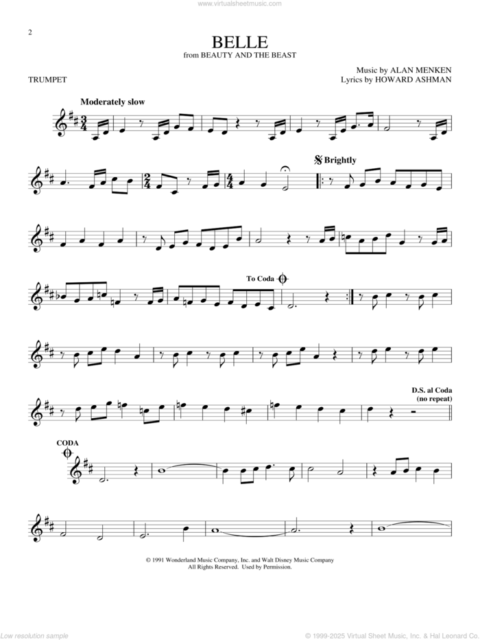 Belle (from Beauty And The Beast) sheet music for trumpet solo by Alan Menken & Howard Ashman, Alan Menken and Howard Ashman, intermediate skill level