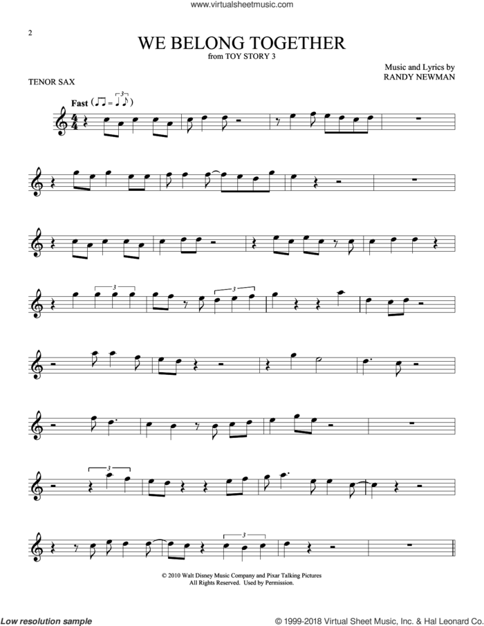 We Belong Together (from Toy Story 3) sheet music for tenor saxophone solo by Randy Newman, intermediate skill level