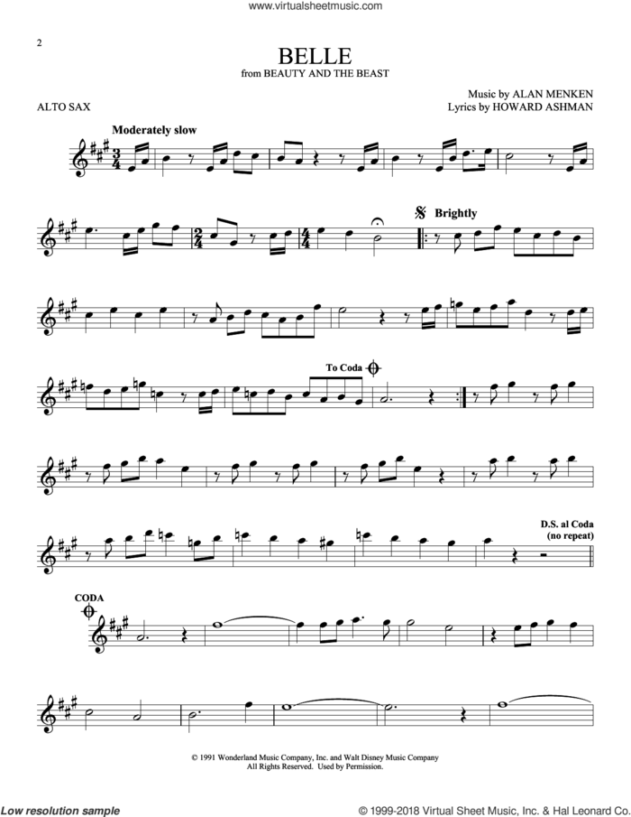 Belle (from Beauty And The Beast) sheet music for alto saxophone solo by Alan Menken & Howard Ashman, Alan Menken and Howard Ashman, intermediate skill level