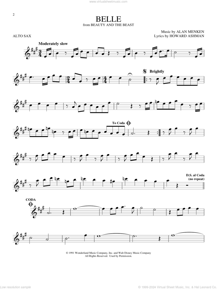 Belle (from Beauty And The Beast) sheet music for alto saxophone solo by Alan Menken & Howard Ashman, Alan Menken and Howard Ashman, intermediate skill level