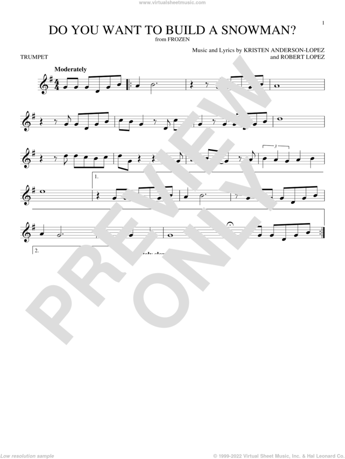 Do You Want To Build A Snowman? (from Frozen) sheet music for trumpet solo by Kristen Bell, Agatha Lee Monn & Katie Lopez, Kristen Anderson-Lopez and Robert Lopez, intermediate skill level