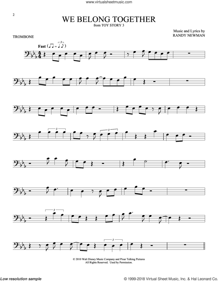 We Belong Together (from Toy Story 3) sheet music for trombone solo by Randy Newman, intermediate skill level