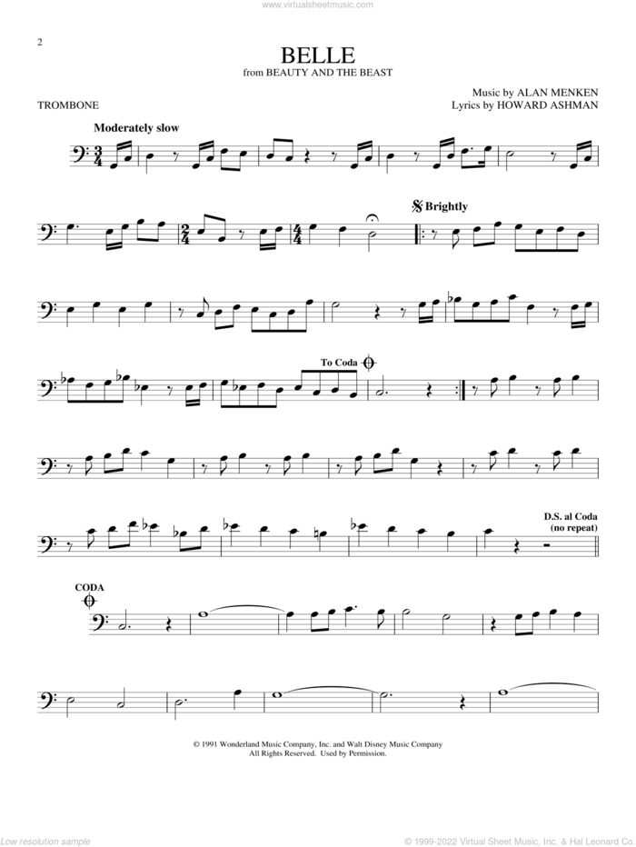 Belle (from Beauty And The Beast) sheet music for trombone solo by Alan Menken & Howard Ashman, Alan Menken and Howard Ashman, intermediate skill level