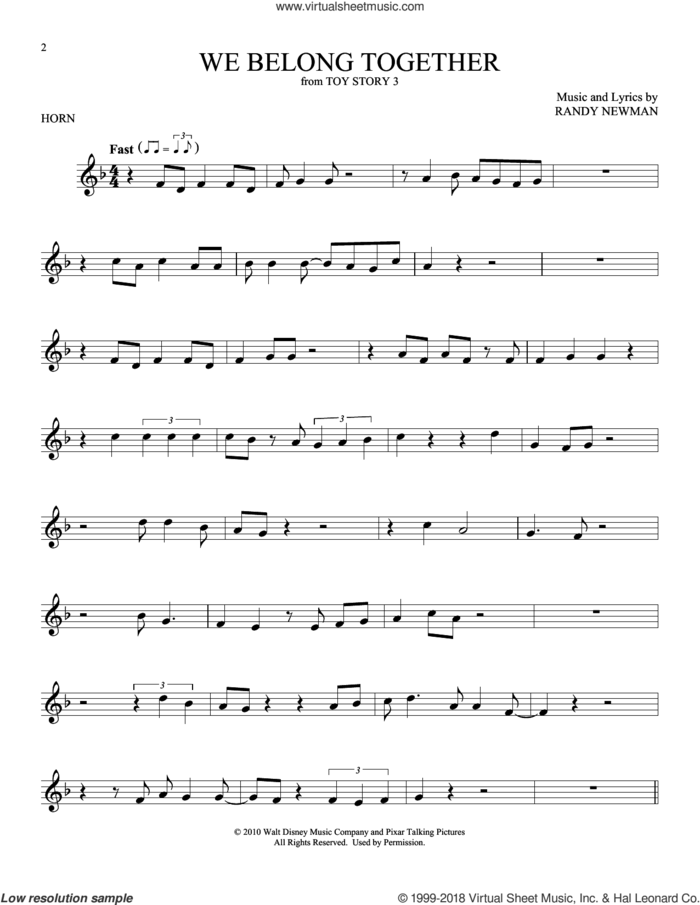 We Belong Together (from Toy Story 3) sheet music for horn solo by Randy Newman, intermediate skill level