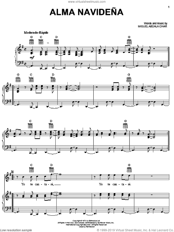 Alma Navidena sheet music for voice, piano or guitar by Miguel Abdala Char, intermediate skill level