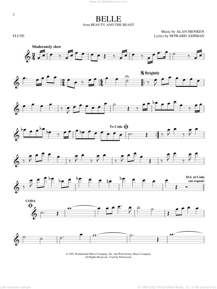 Belle (from Beauty And The Beast) sheet music for flute solo by Alan Menken & Howard Ashman, Alan Menken and Howard Ashman, intermediate skill level