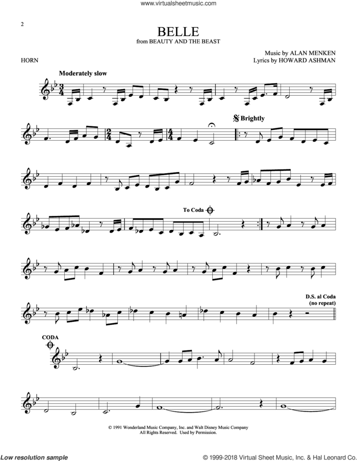 Belle (from Beauty And The Beast) sheet music for horn solo by Alan Menken & Howard Ashman, Alan Menken and Howard Ashman, intermediate skill level
