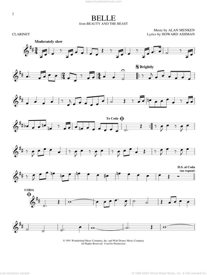 Belle (from Beauty And The Beast) sheet music for clarinet solo by Alan Menken & Howard Ashman, Alan Menken and Howard Ashman, intermediate skill level