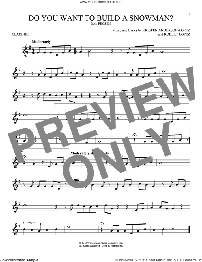 Do You Want To Build A Snowman? (from Frozen) sheet music for clarinet solo by Kristen Bell, Agatha Lee Monn & Katie Lopez, Kristen Anderson-Lopez and Robert Lopez, intermediate skill level