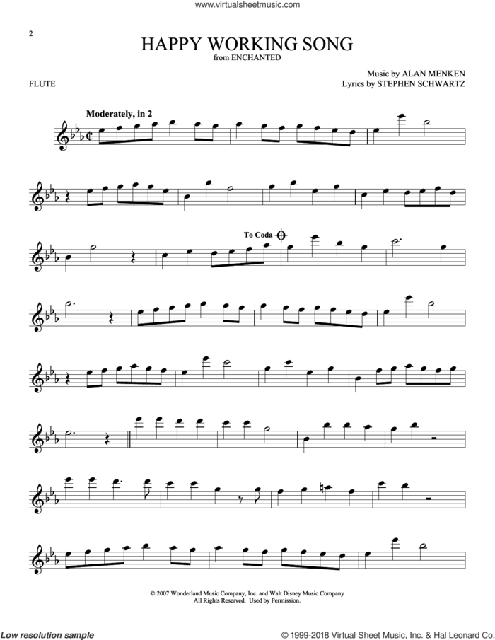 Happy Working Song (from Enchanted) sheet music for flute solo by Amy Adams, Alan Menken and Stephen Schwartz, intermediate skill level