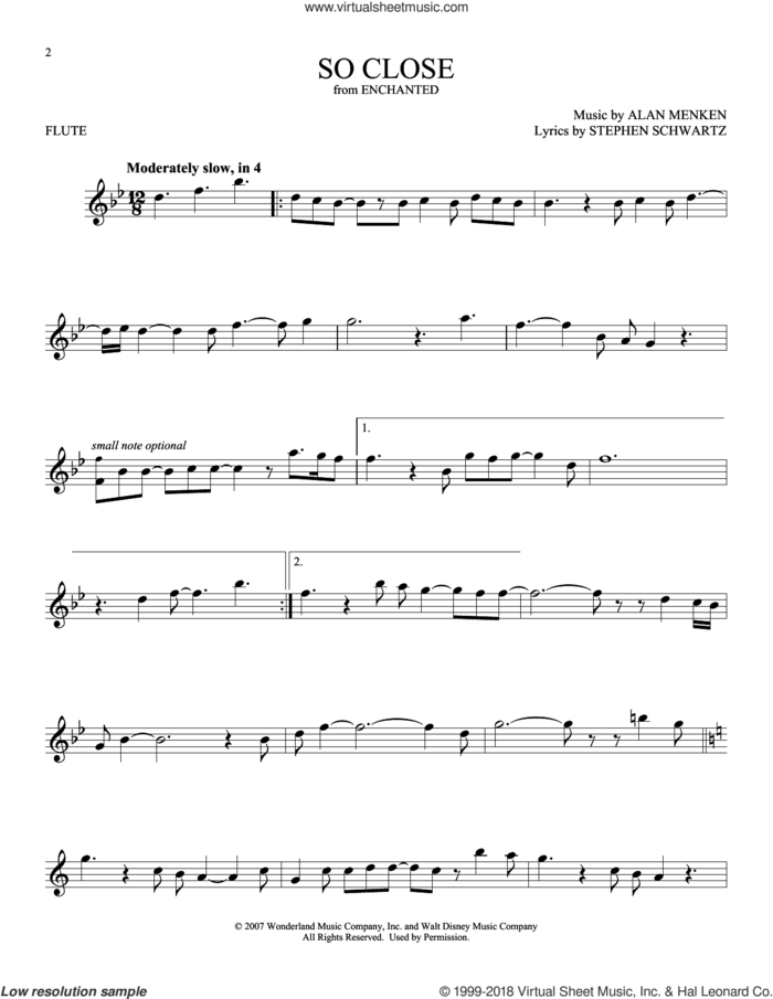 So Close (from Enchanted) sheet music for flute solo by Alan Menken, John McLaughlin and Stephen Schwartz, intermediate skill level