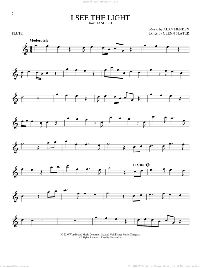 I See The Light (from Tangled) sheet music for flute solo by Alan Menken and Glenn Slater, intermediate skill level