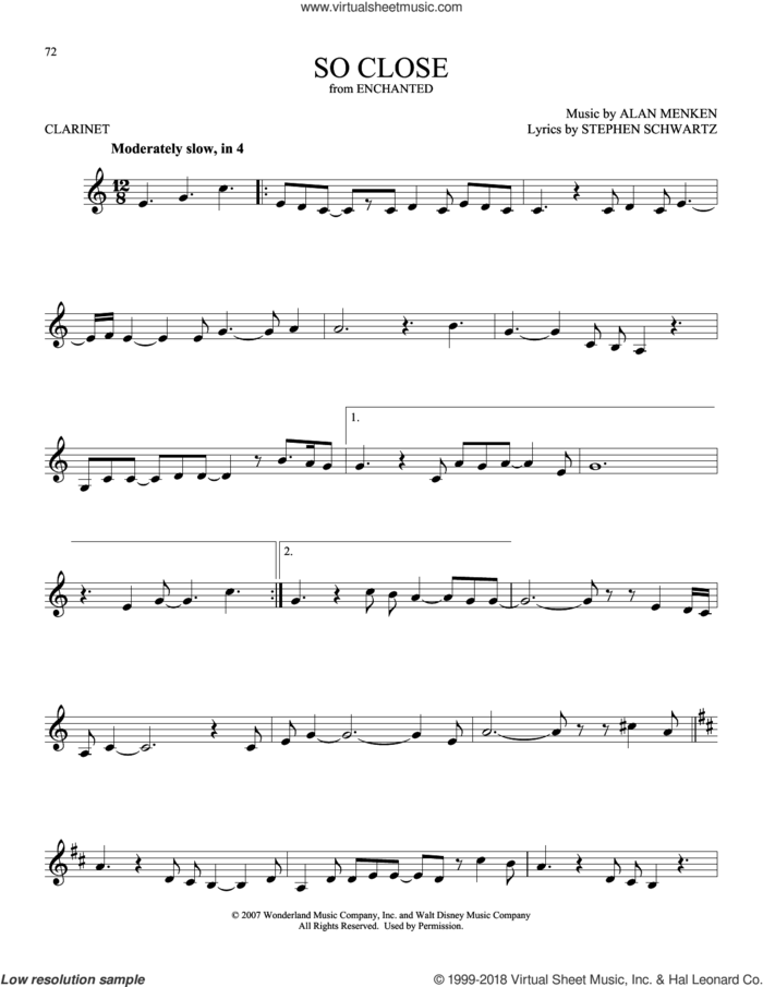 So Close (from Enchanted) sheet music for clarinet solo by Alan Menken, John McLaughlin and Stephen Schwartz, intermediate skill level