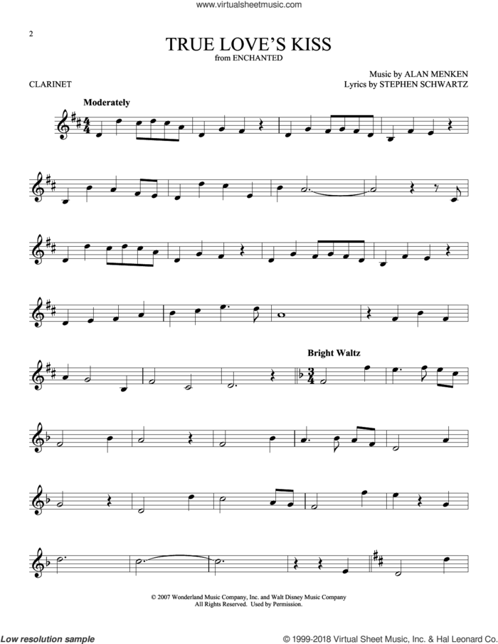 True Love's Kiss (from Enchanted) sheet music for clarinet solo by Amy Adams, Alan Menken and Stephen Schwartz, intermediate skill level