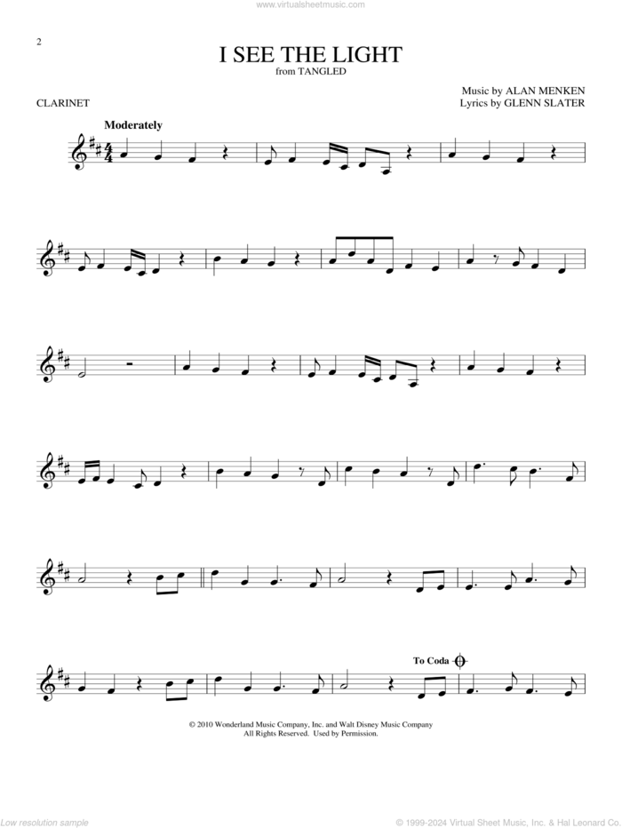 I See The Light (from Tangled) sheet music for clarinet solo by Alan Menken and Glenn Slater, intermediate skill level