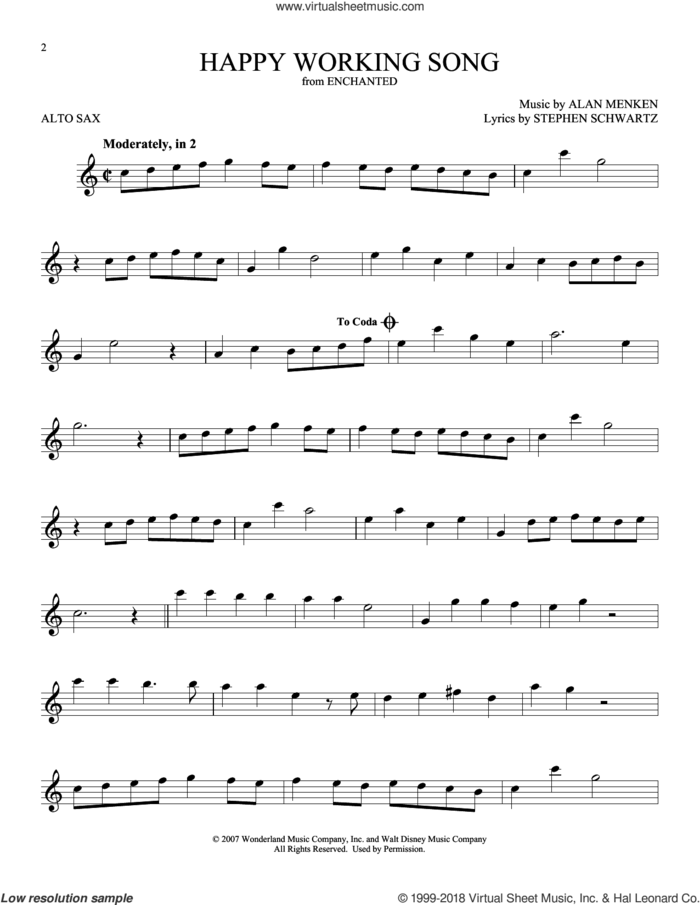 Happy Working Song (from Enchanted) sheet music for alto saxophone solo by Amy Adams, Alan Menken and Stephen Schwartz, intermediate skill level