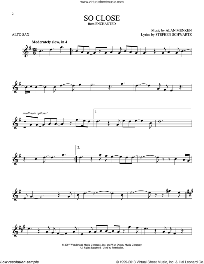 So Close sheet music for alto saxophone solo by Alan Menken and Stephen Schwartz, intermediate skill level