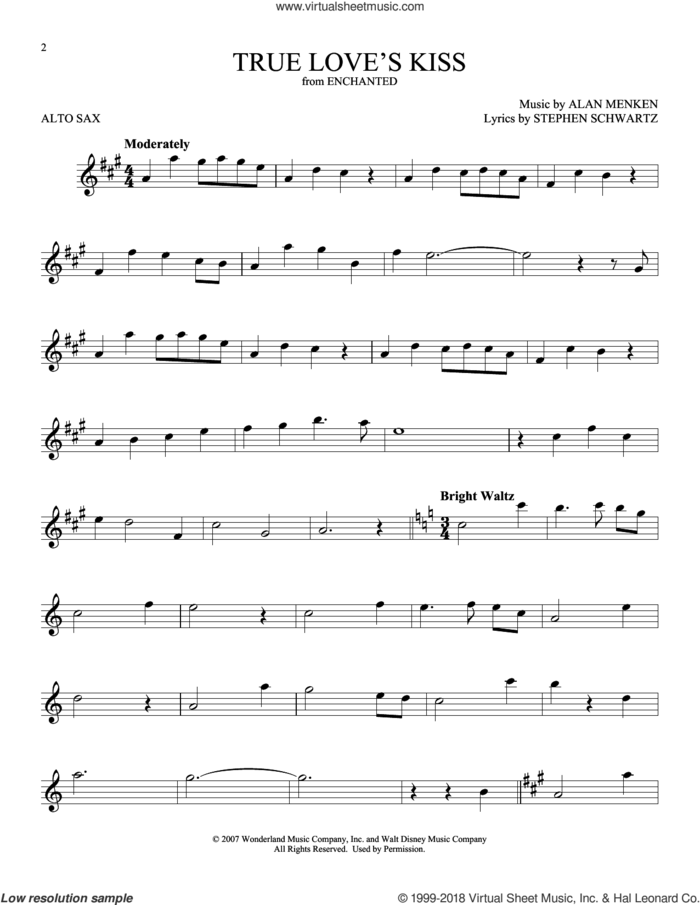 True Love's Kiss (from Enchanted) sheet music for alto saxophone solo by Amy Adams, Alan Menken and Stephen Schwartz, intermediate skill level