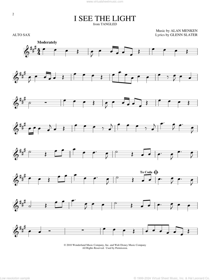 I See The Light (from Tangled) sheet music for alto saxophone solo by Alan Menken and Glenn Slater, intermediate skill level