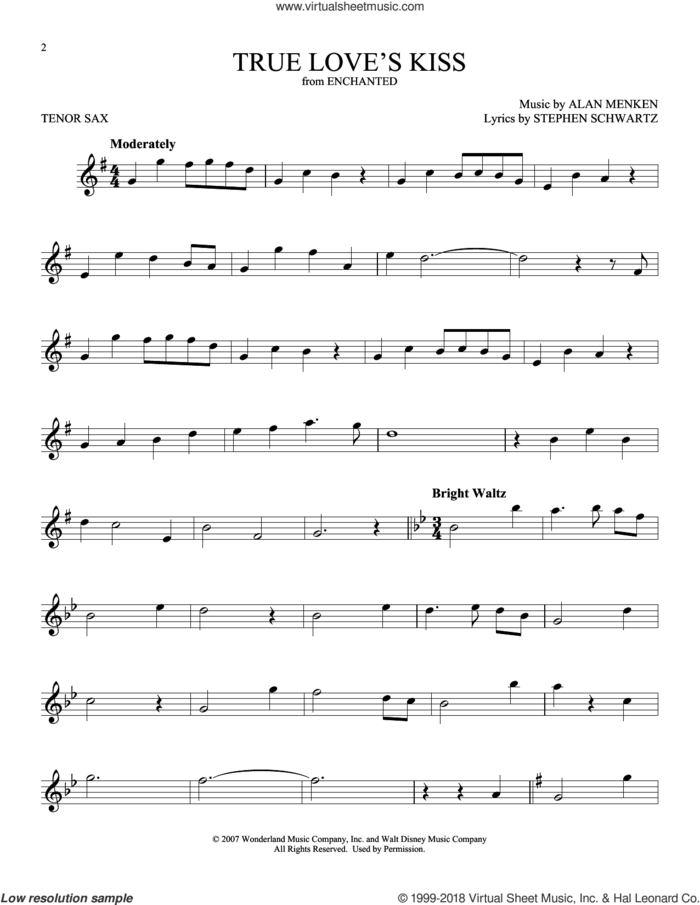 True Love's Kiss (from Enchanted) sheet music for tenor saxophone solo by Amy Adams, Alan Menken and Stephen Schwartz, intermediate skill level