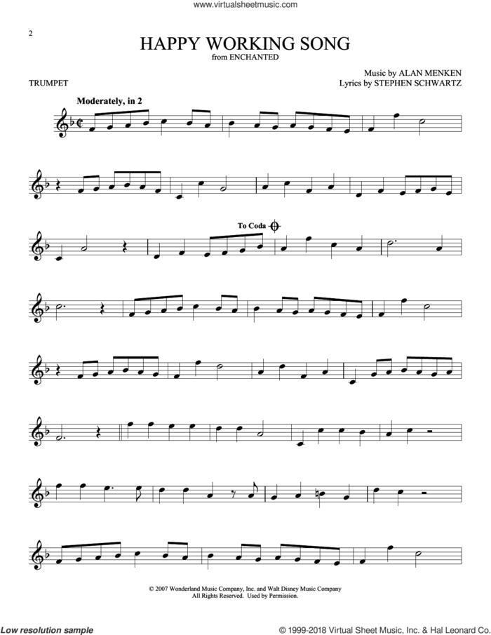 Happy Working Song (from Enchanted) sheet music for trumpet solo by Amy Adams, Alan Menken and Stephen Schwartz, intermediate skill level