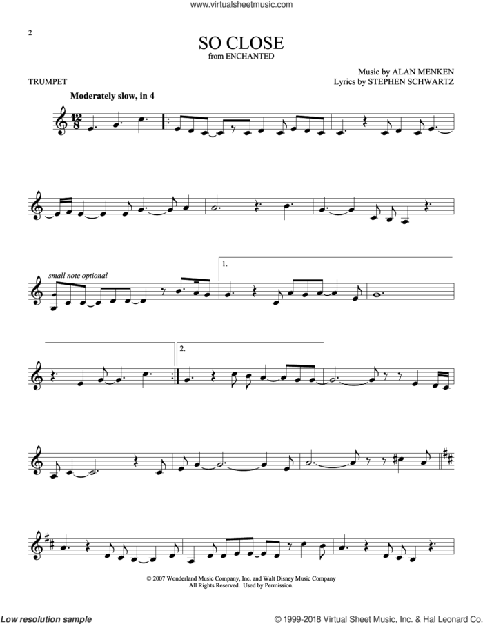 So Close (from Enchanted) sheet music for trumpet solo by Alan Menken, John McLaughlin and Stephen Schwartz, intermediate skill level