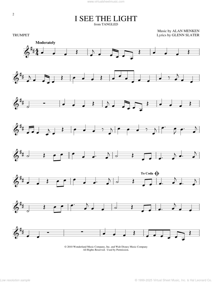 I See The Light (from Tangled) sheet music for trumpet solo by Alan Menken and Glenn Slater, intermediate skill level