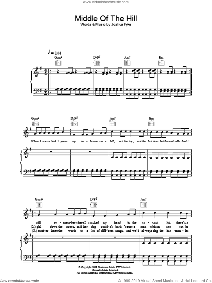 Middle Of The Hill sheet music for voice, piano or guitar by Josh Pyke and Joshua Pyke, intermediate skill level