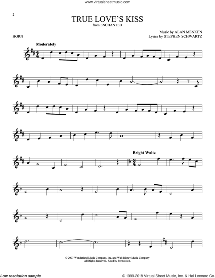 True Love's Kiss (from Enchanted) sheet music for horn solo by Amy Adams, Alan Menken and Stephen Schwartz, intermediate skill level