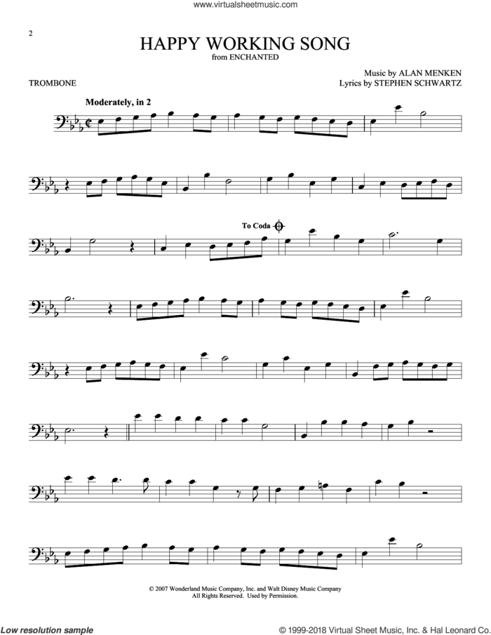 Happy Working Song (from Enchanted) sheet music for trombone solo by Amy Adams, Alan Menken and Stephen Schwartz, intermediate skill level