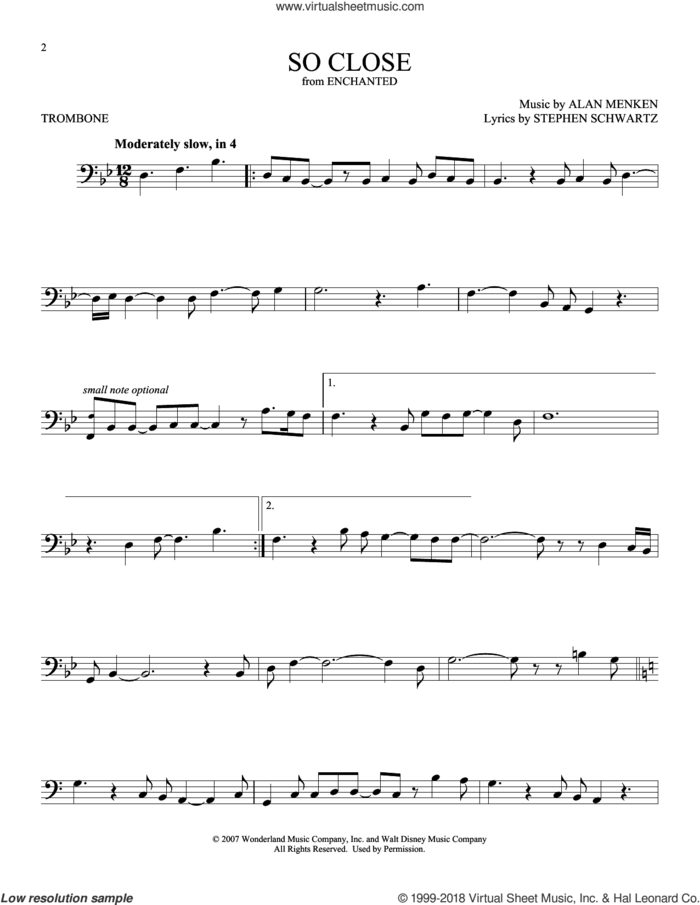 So Close (from Enchanted) sheet music for trombone solo by Alan Menken, John McLaughlin and Stephen Schwartz, intermediate skill level
