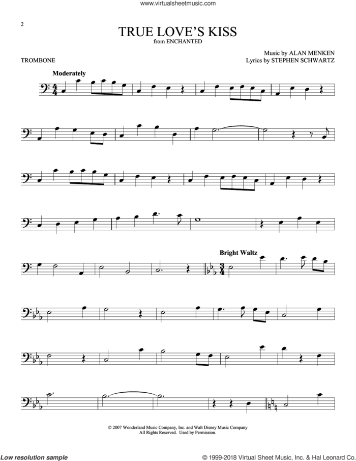 True Love's Kiss (from Enchanted) sheet music for trombone solo by Amy Adams, Alan Menken and Stephen Schwartz, intermediate skill level