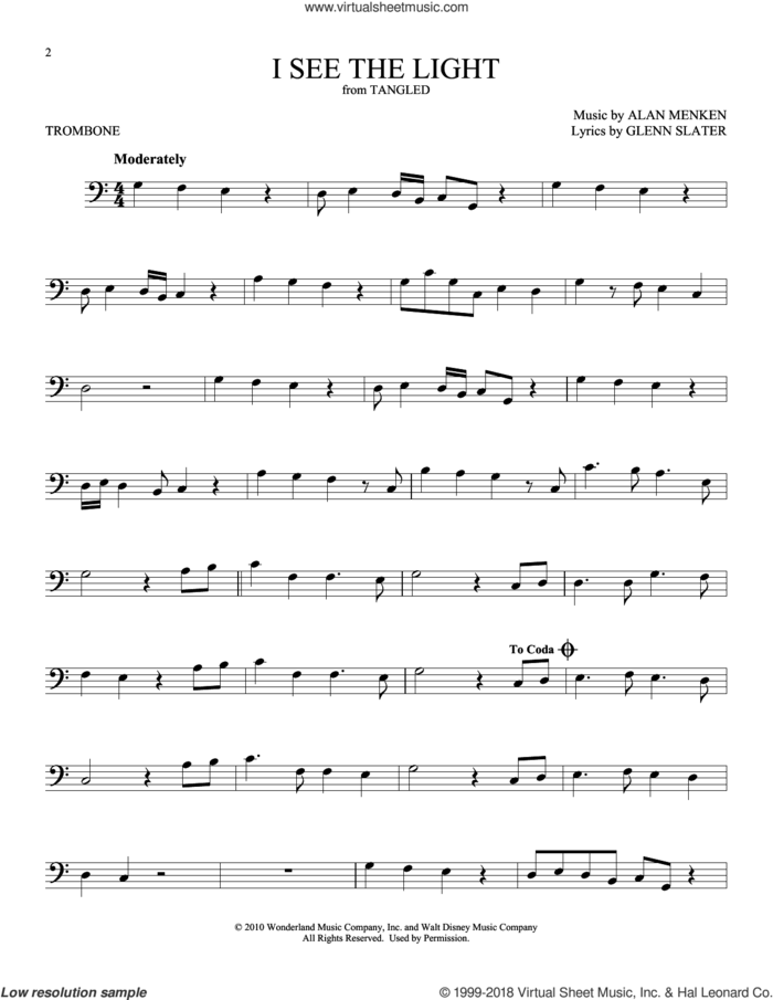 I See The Light (from Tangled) sheet music for trombone solo by Alan Menken and Glenn Slater, intermediate skill level