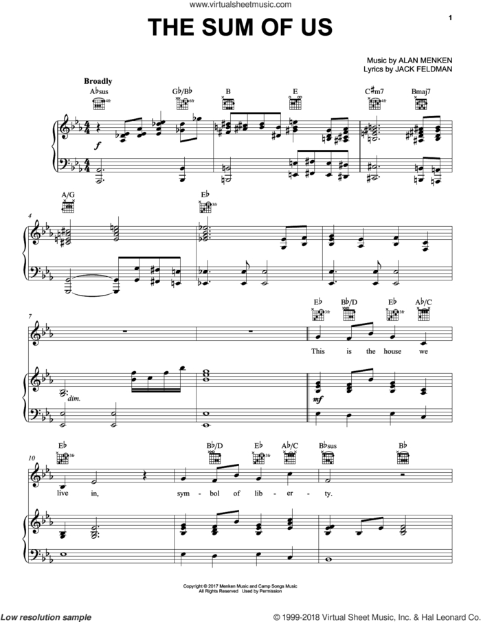The Sum Of Us sheet music for voice, piano or guitar by Alan Menken and Jack Feldman, intermediate skill level