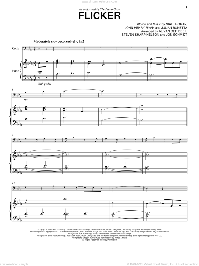 Flicker sheet music for cello and piano by Niall Horan, The Piano Guys, John Henry Ryan and Julian Bunetta, intermediate skill level