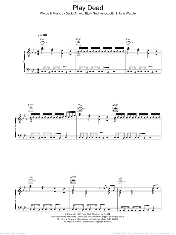 Play Dead sheet music for voice, piano or guitar by Bjork Gudmundsdottir, David Arnold and John Wardle, intermediate skill level