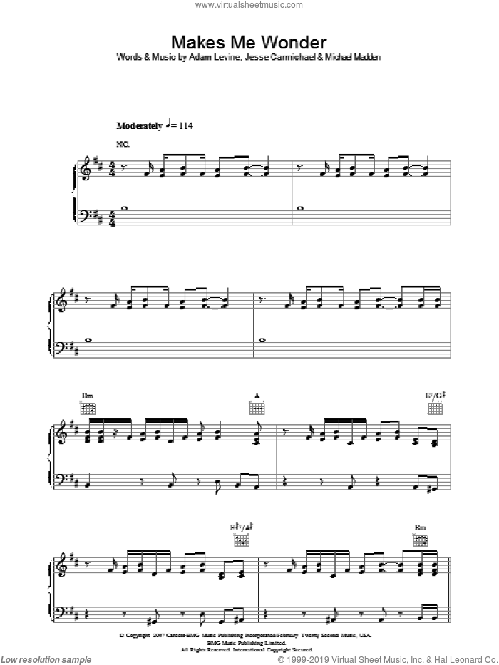 Makes Me Wonder sheet music for voice, piano or guitar by Maroon 5, Adam Levine, Jesse Carmichael and Michael Madden, intermediate skill level