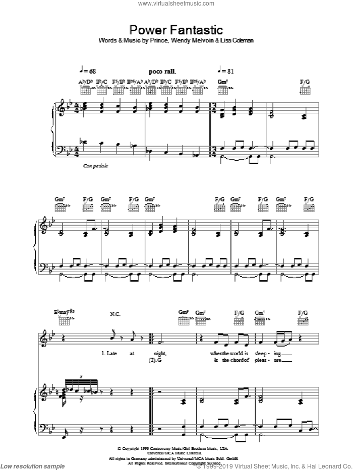 Power Fantastic sheet music for voice, piano or guitar by Prince, Lisa Coleman and Wendy Melvoin, intermediate skill level