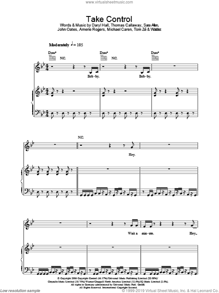 Take Control sheet music for voice, piano or guitar by Amerie, Amerie Rogers, Daryl Hall, John Oates, Michael Caren, Sara Allen, Thomas Callaway, Tom Ze and Waldez, intermediate skill level