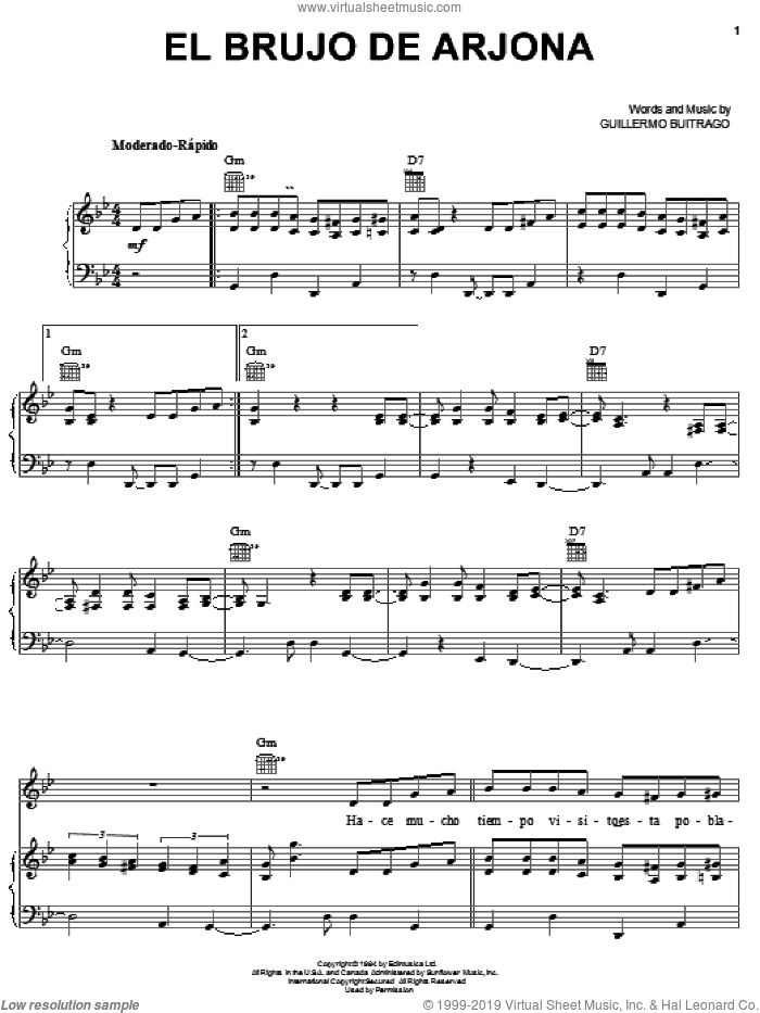 El Brujo De Arjona sheet music for voice, piano or guitar by Guillermo Buitrago, intermediate skill level