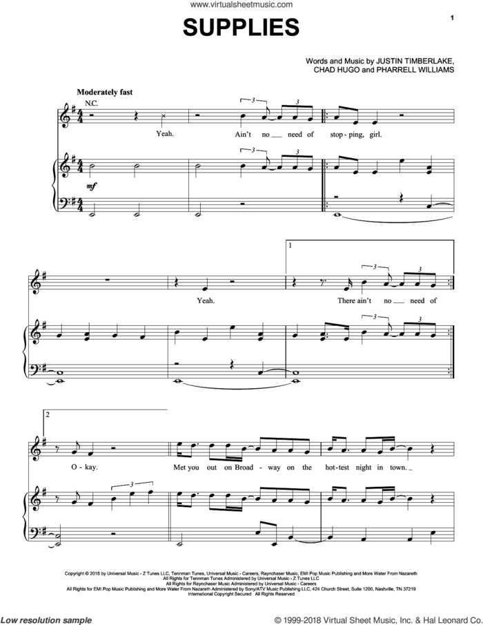 Supplies sheet music for voice, piano or guitar by Justin Timberlake, Chad Hugo and Pharrell Williams, intermediate skill level