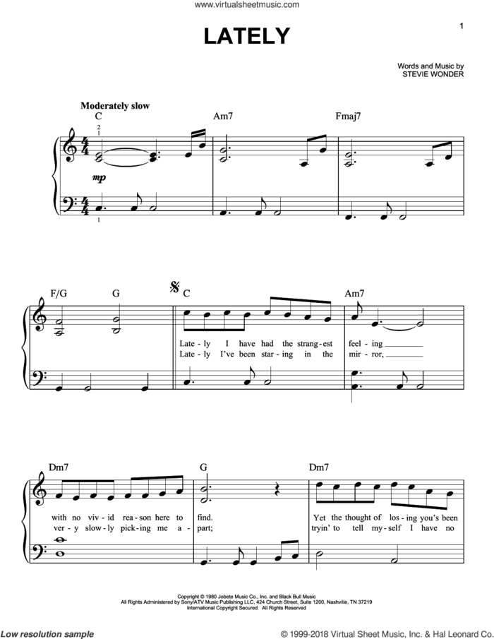 Lately sheet music for piano solo by Stevie Wonder, beginner skill level