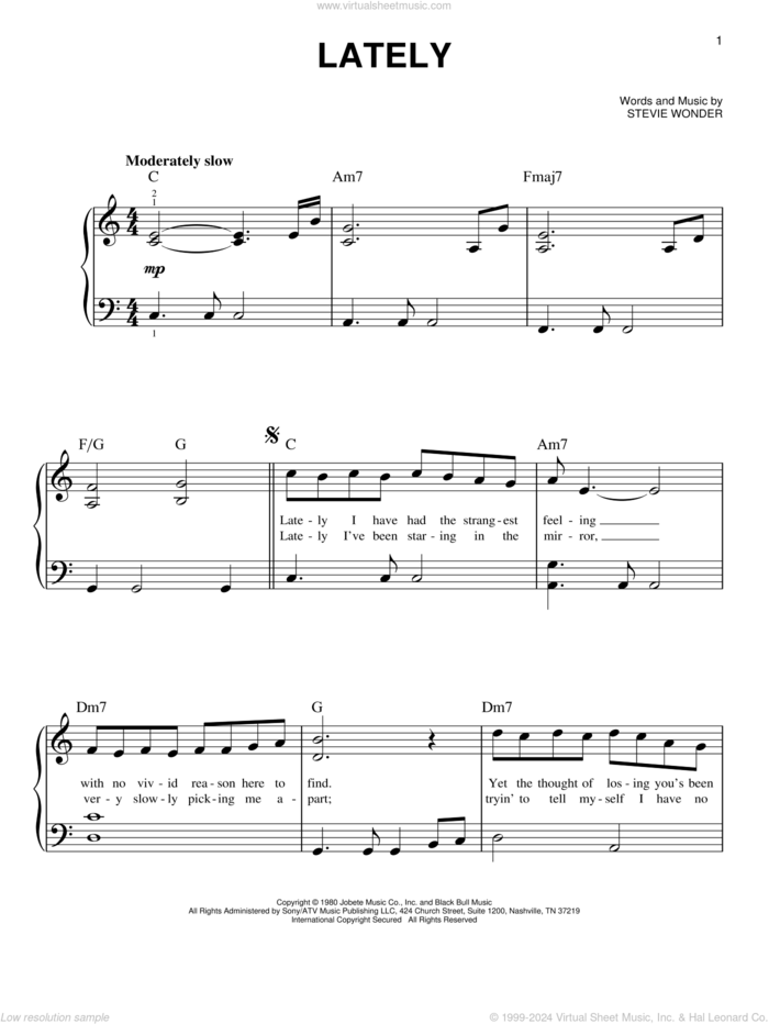 Lately sheet music for piano solo by Stevie Wonder, beginner skill level