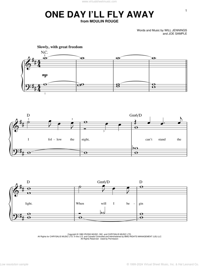 One Day I'll Fly Away (from Moulin Rouge) sheet music for piano solo by Nicole Kidman, Joe Sample and Will Jennings, beginner skill level